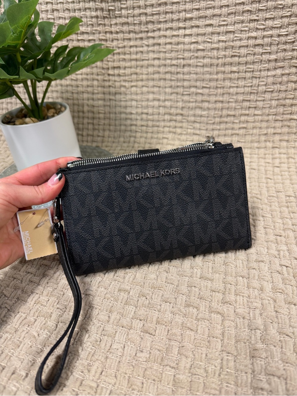 Michael Kors Black Logo Zip Wristlet with Silver Hardware